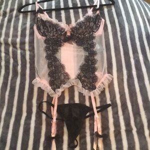 pink and black lace mesh corset bustier bodysuit